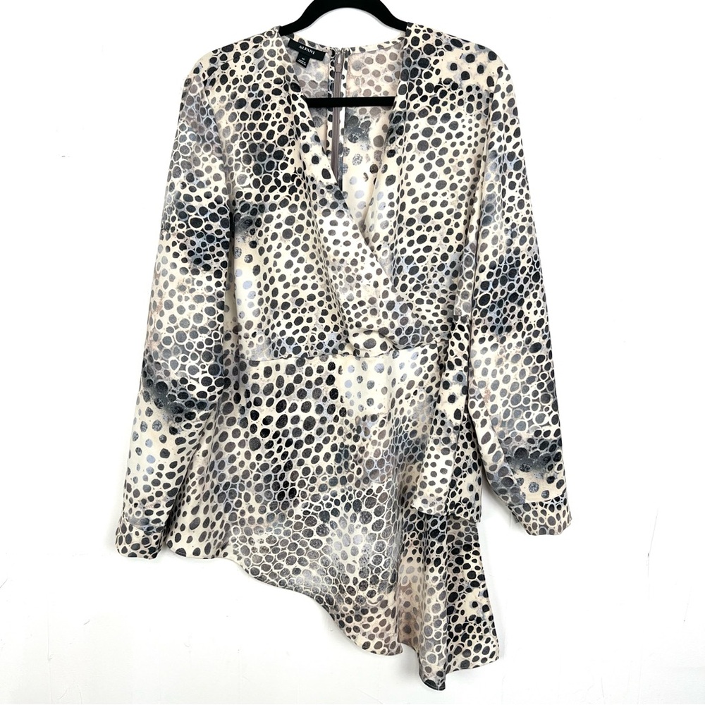 Alfani Blouse Asymmetrical Hem Dotted Tan Blue Grey Top Plus Size 2X